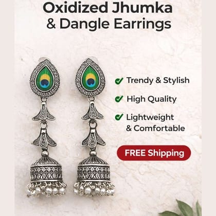 12 Pairs Oxidized Silver Jhumka & Dangle Earring Set with Velvet Box